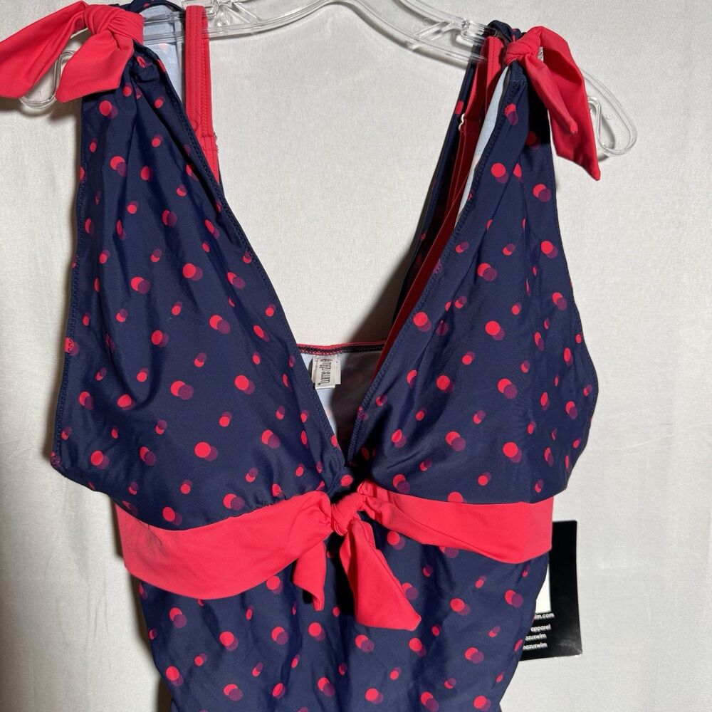 NWT Plus Size 20W One Piece Swimsuit Navy Red Polka Dot Tie Shoulder Vacation